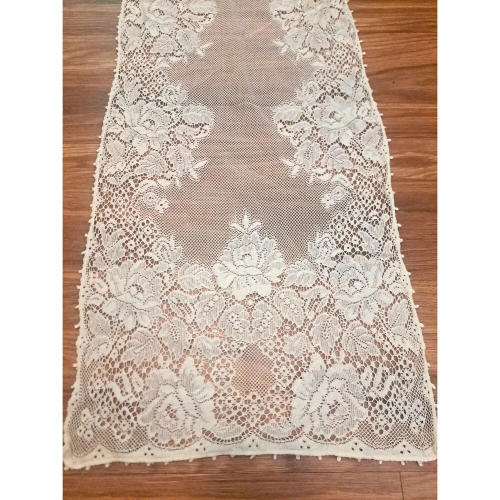 White Lace Mesh Table Runner Dresser Scarf Floral Roses Romance Country 58x12